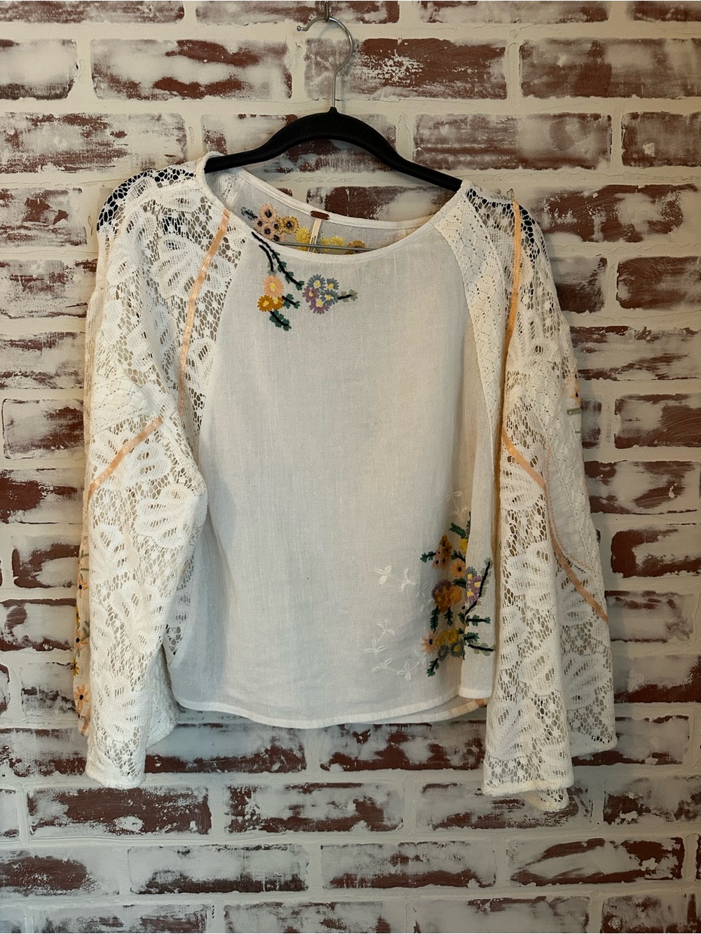 Free People Paris Picnic White Embroidered Lace Bell Sleeve Tunic